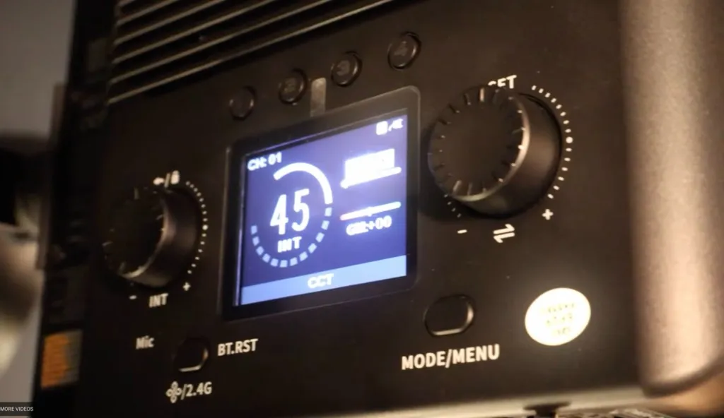 Close-up of the control panel on a professional LED studio light